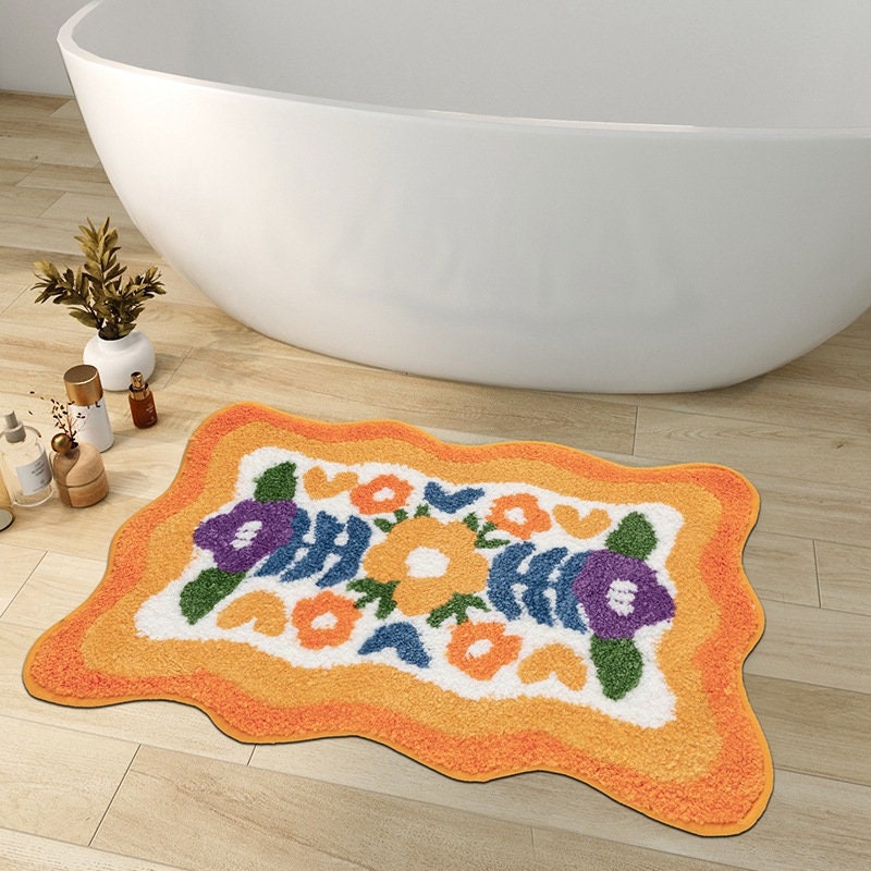 Junips | Colorful Flower Bathroom Mat, Orange Flora Soft Bathroom Rug, Woven Bath Mat, Purple Tulip Water-Absorbent Non-Slip Bath Mat