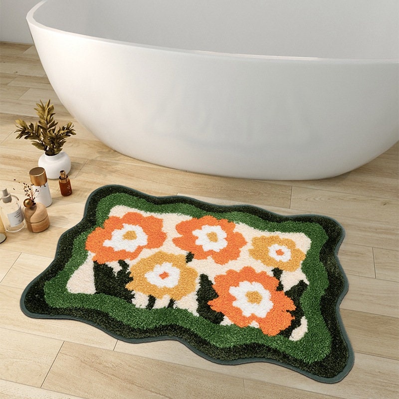 Junips | Colorful Flower Bathroom Mat, Orange Flora Soft Bathroom Rug, Woven Bath Mat, Purple Tulip Water-Absorbent Non-Slip Bath Mat