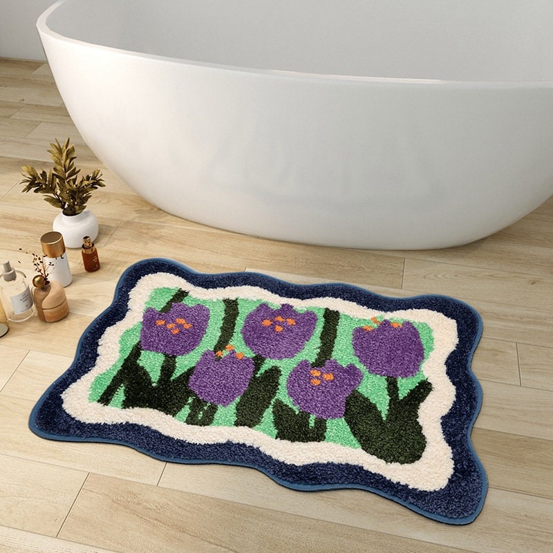 Junips | Colorful Flower Bathroom Mat, Orange Flora Soft Bathroom Rug, Woven Bath Mat, Purple Tulip Water-Absorbent Non-Slip Bath Mat
