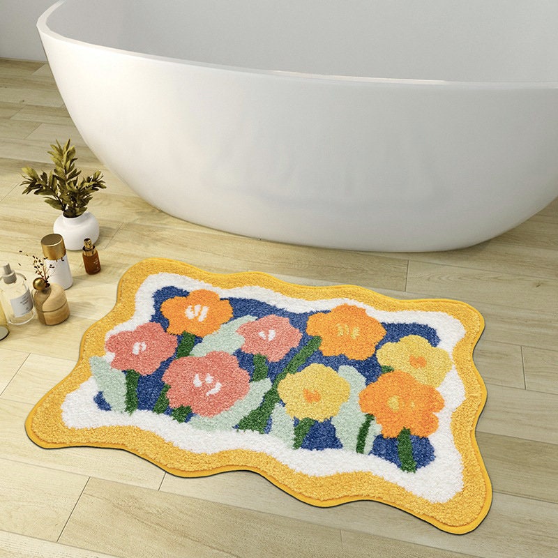 Junips | Colorful Flower Bathroom Mat, Orange Flora Soft Bathroom Rug, Woven Bath Mat, Purple Tulip Water-Absorbent Non-Slip Bath Mat