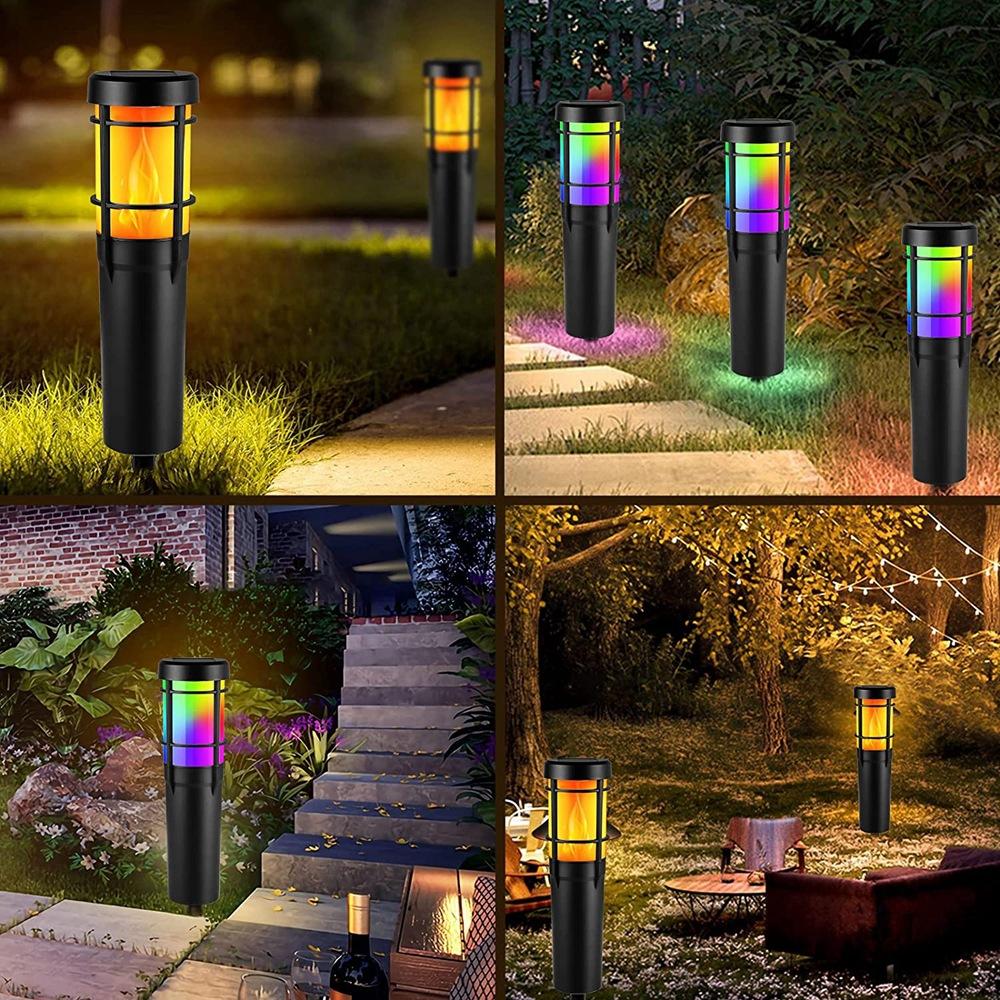 Junips | Solar Path Lights for Outdoor Use, with Flickering Flame and RGB Color Changing, LED Solar Outdoor Lights for Yard, Garden, Path, Lawn - IP65 Waterproof