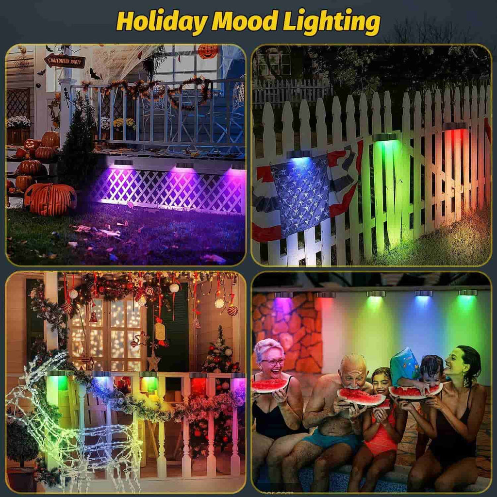 Junips | Solar fence lights outdoor wall lights Waterproof IP65, Warm white & RGB 8 specific fixed colors for fence wall step deck patio