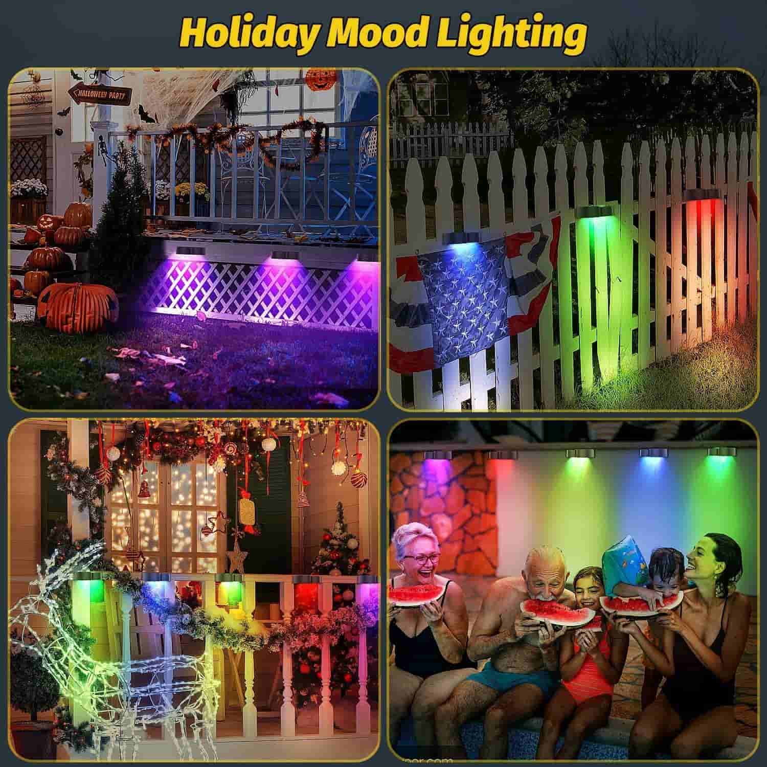 Junips | Solar fence lights outdoor wall lights Waterproof IP65, Warm white & RGB 8 specific fixed colors for fence wall step deck patio