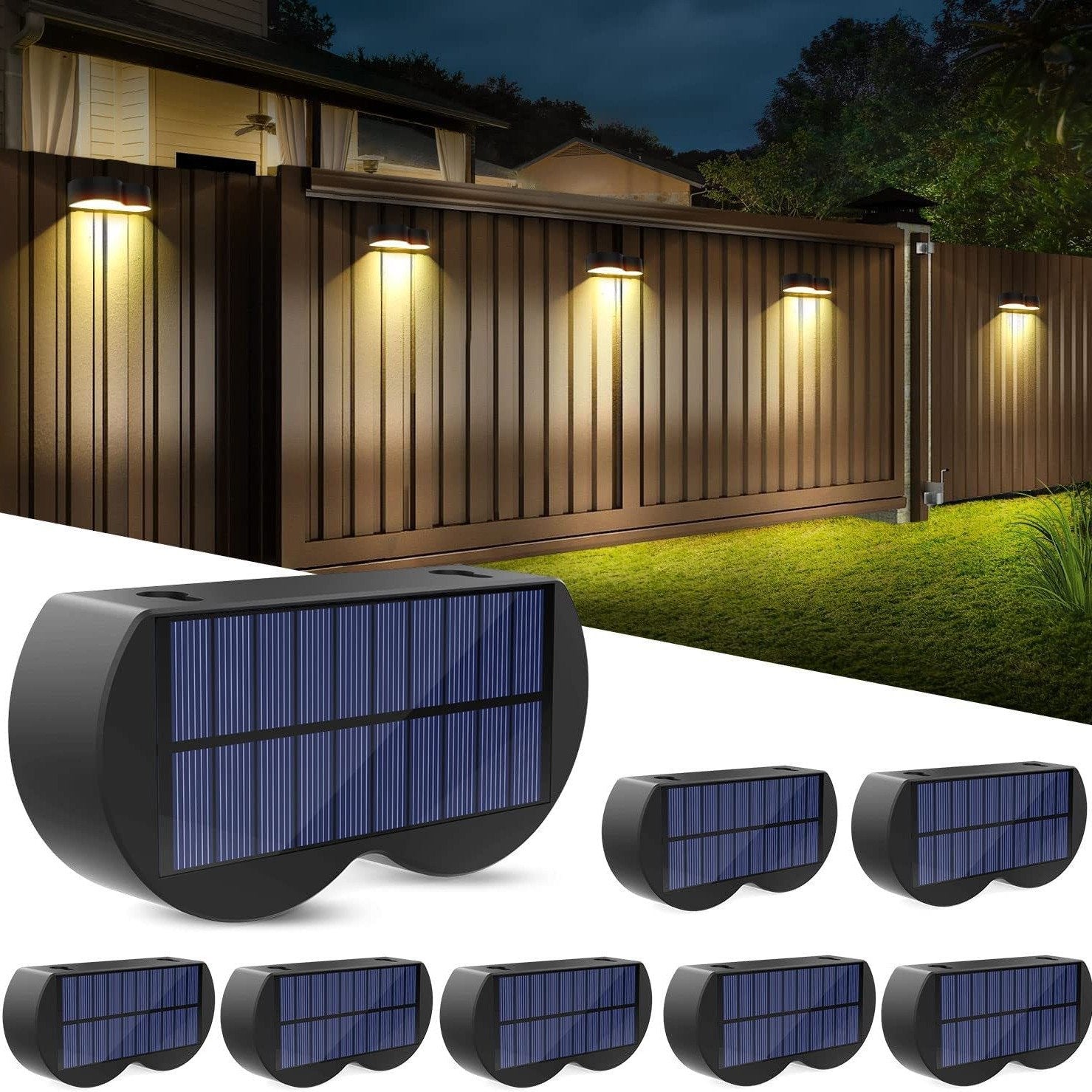 Junips | Solar fence lights outdoor wall lights Waterproof IP65, Warm white & RGB 8 specific fixed colors for fence wall step deck patio