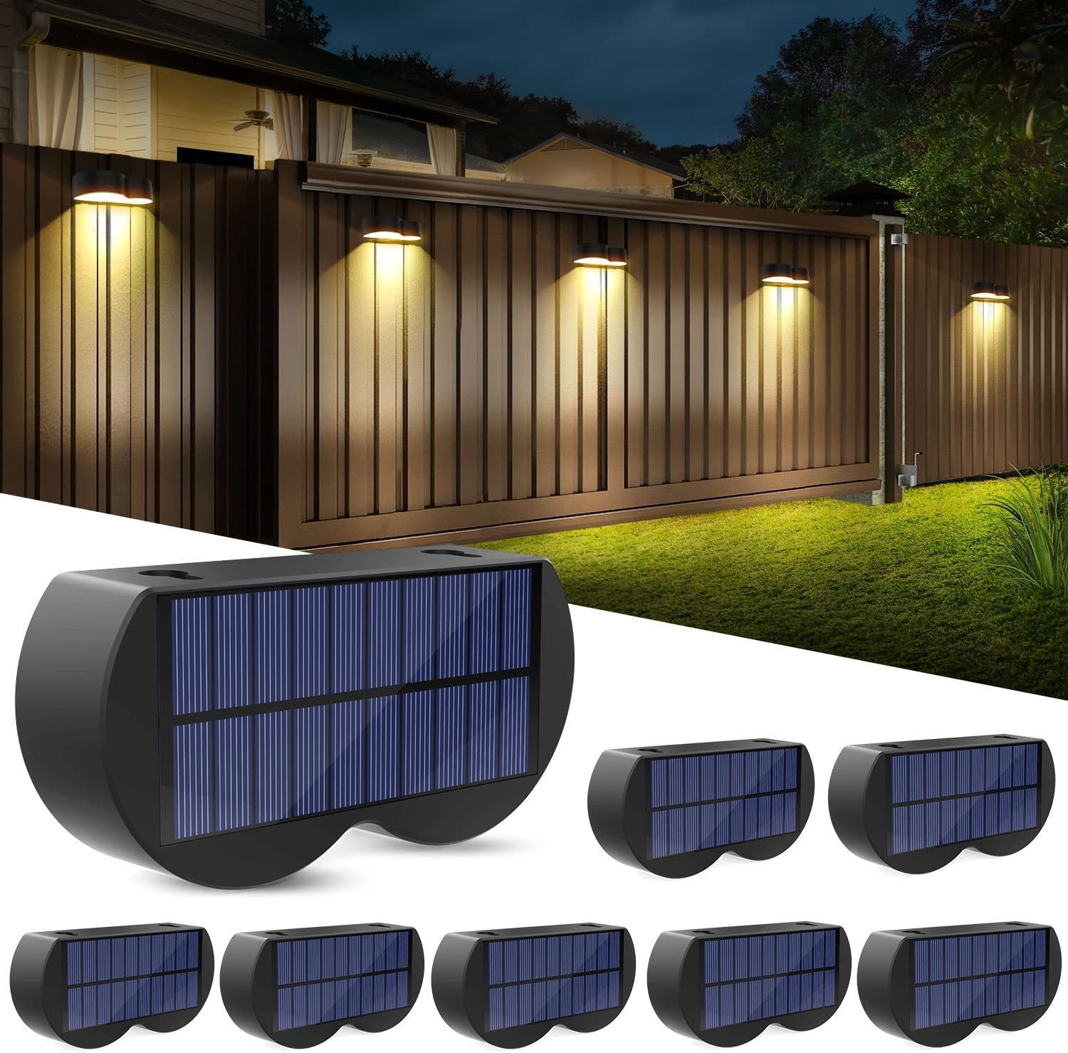 Junips | Solar fence lights outdoor wall lights Waterproof IP65, Warm white & RGB 8 specific fixed colors for fence wall step deck patio