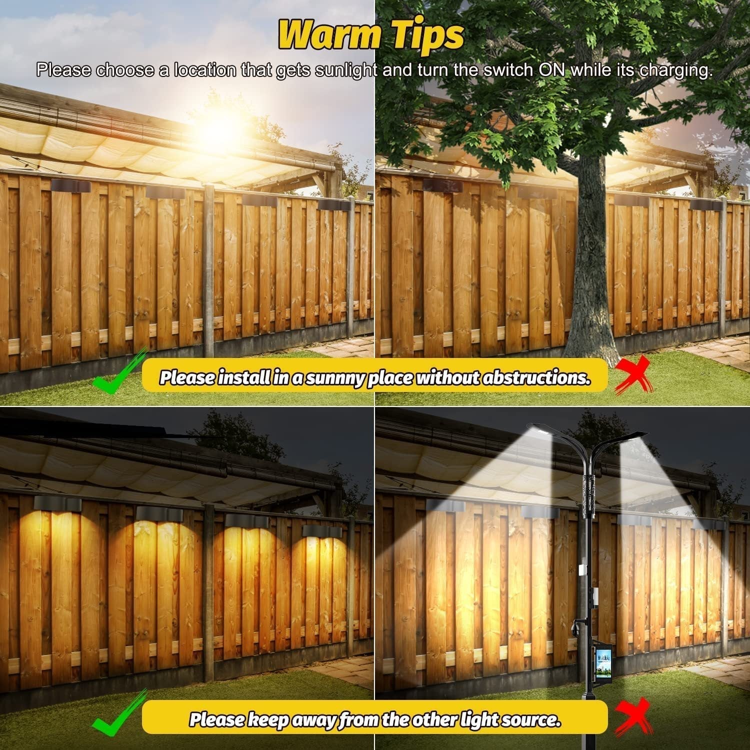 Junips | Solar fence lights outdoor wall lights Waterproof IP65, Warm white & RGB 8 specific fixed colors for fence wall step deck patio