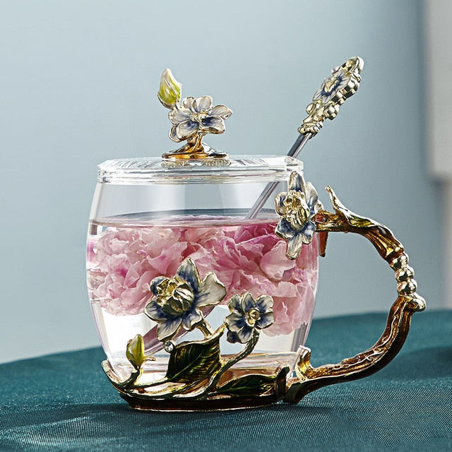 Junips | Handcrafted enamel flower glass mug for couples love gift can serve coffee, flavored tea or even lemon juice in