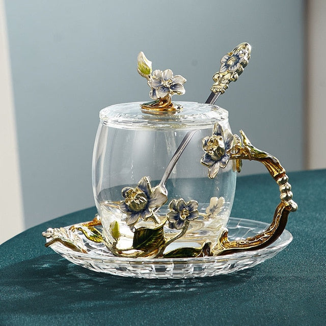 Junips | Handcrafted enamel flower glass mug for couples love gift can serve coffee, flavored tea or even lemon juice in