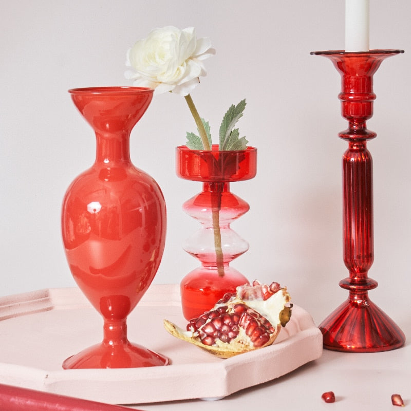 Junips | Cherry Red Glass Stick Candle Holder & Vases