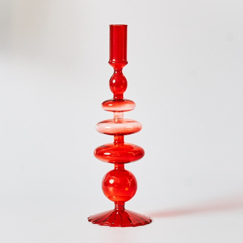 Junips | Cherry Red Glass Stick Candle Holder & Vases