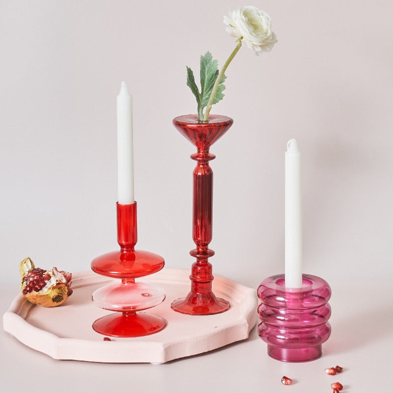 Junips | Cherry Red Glass Stick Candle Holder & Vases