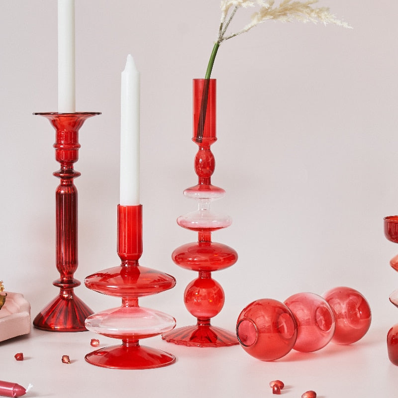 Junips | Cherry Red Glass Stick Candle Holder & Vases