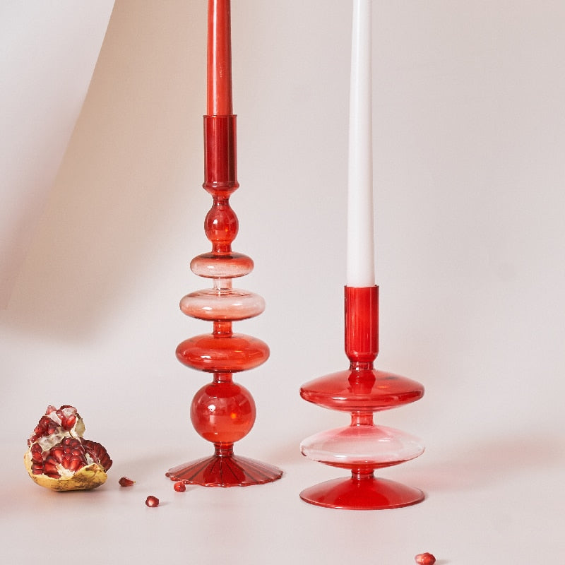 Junips | Cherry Red Glass Stick Candle Holder & Vases