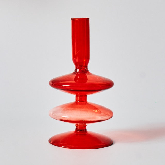 Junips | Cherry Red Glass Stick Candle Holder & Vases