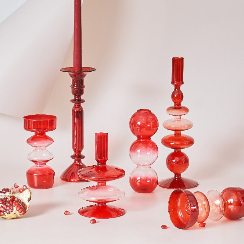 Junips | Cherry Red Glass Stick Candle Holder & Vases