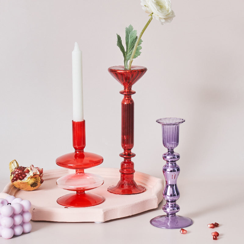 Junips | Cherry Red Glass Stick Candle Holder & Vases
