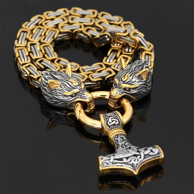 Junips | 60–90 cm Stainless Steel Double Wolf Head & Mjolnir Survival Spirit Necklace/Bracelet