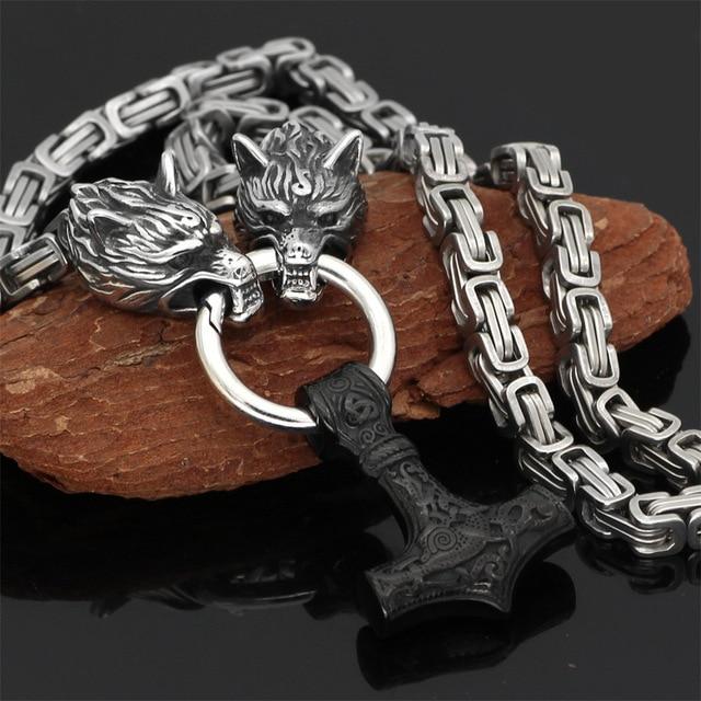 Junips | 60–90 cm Stainless Steel Double Wolf Head & Mjolnir Survival Spirit Necklace/Bracelet