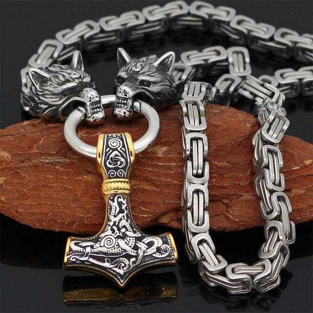 Junips | 60–90 cm Stainless Steel Double Wolf Head & Mjolnir Survival Spirit Necklace/Bracelet