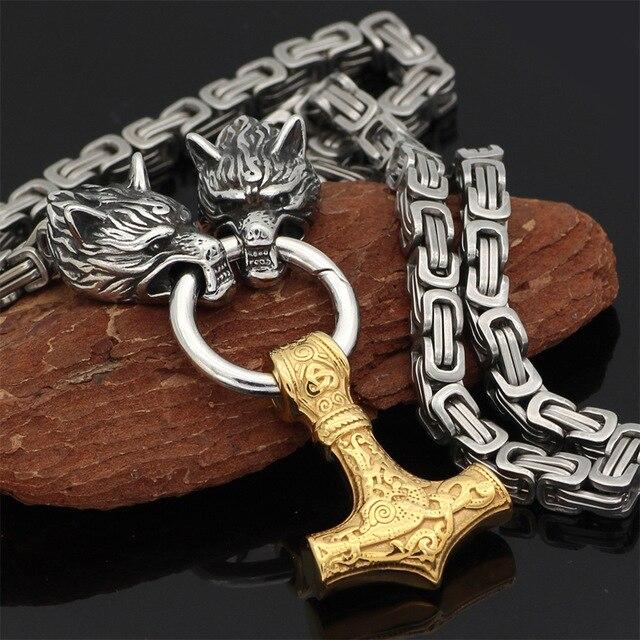 Junips | 60–90 cm Stainless Steel Double Wolf Head & Mjolnir Survival Spirit Necklace/Bracelet