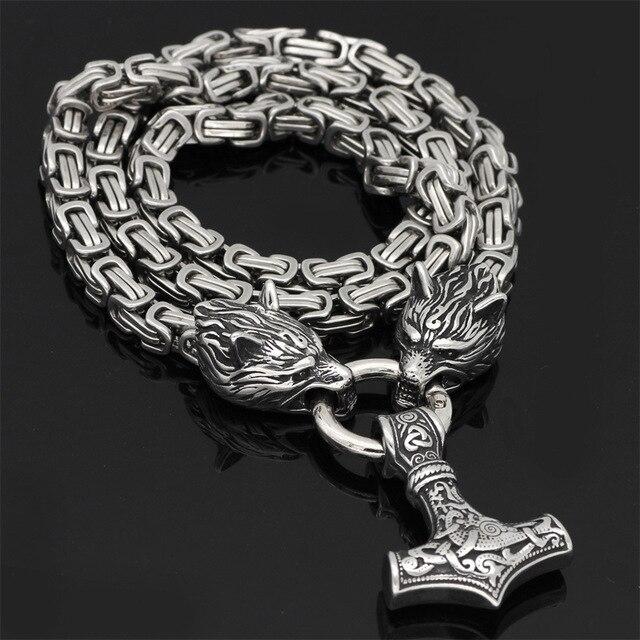 Junips | 60–90 cm Stainless Steel Double Wolf Head & Mjolnir Survival Spirit Necklace/Bracelet