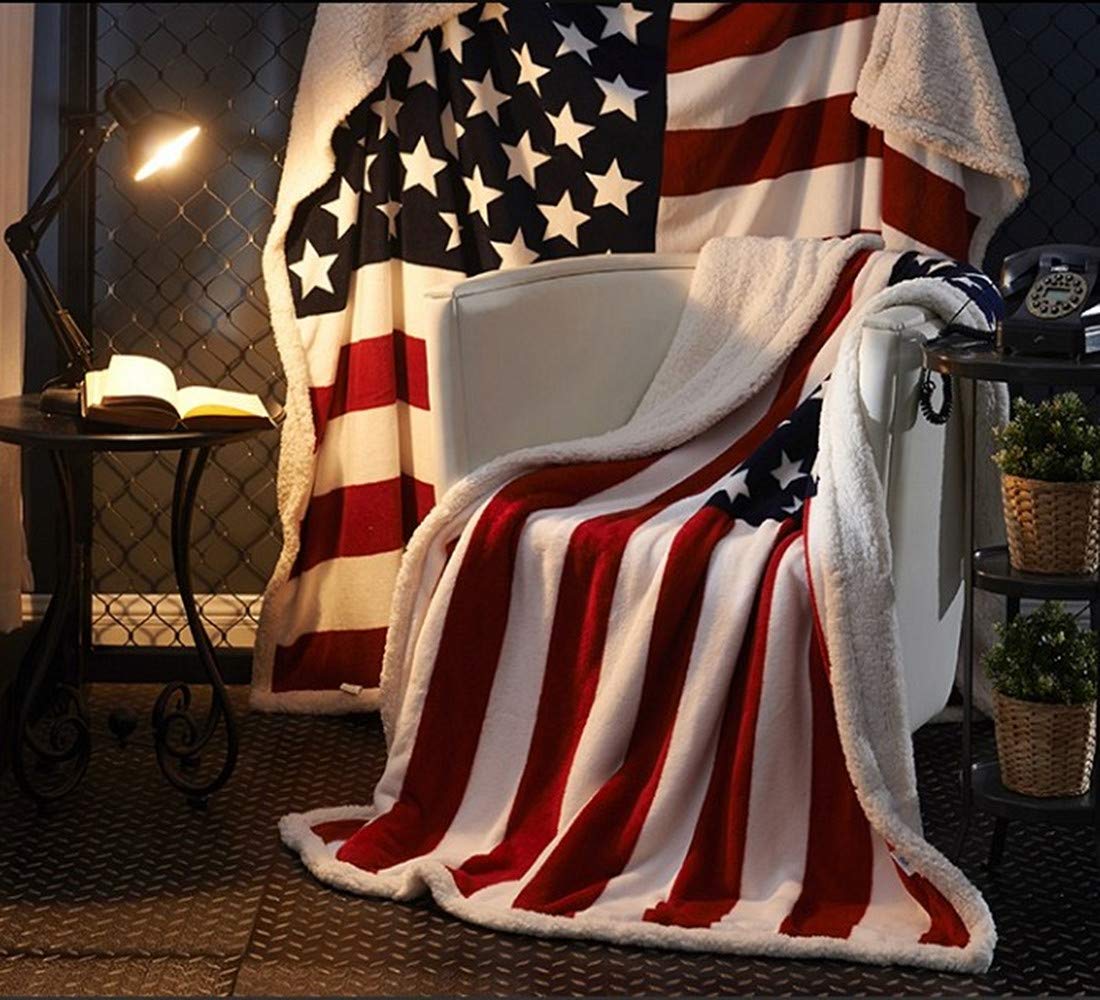 Junips | Flannel-Sherpa Blanket with American Flag