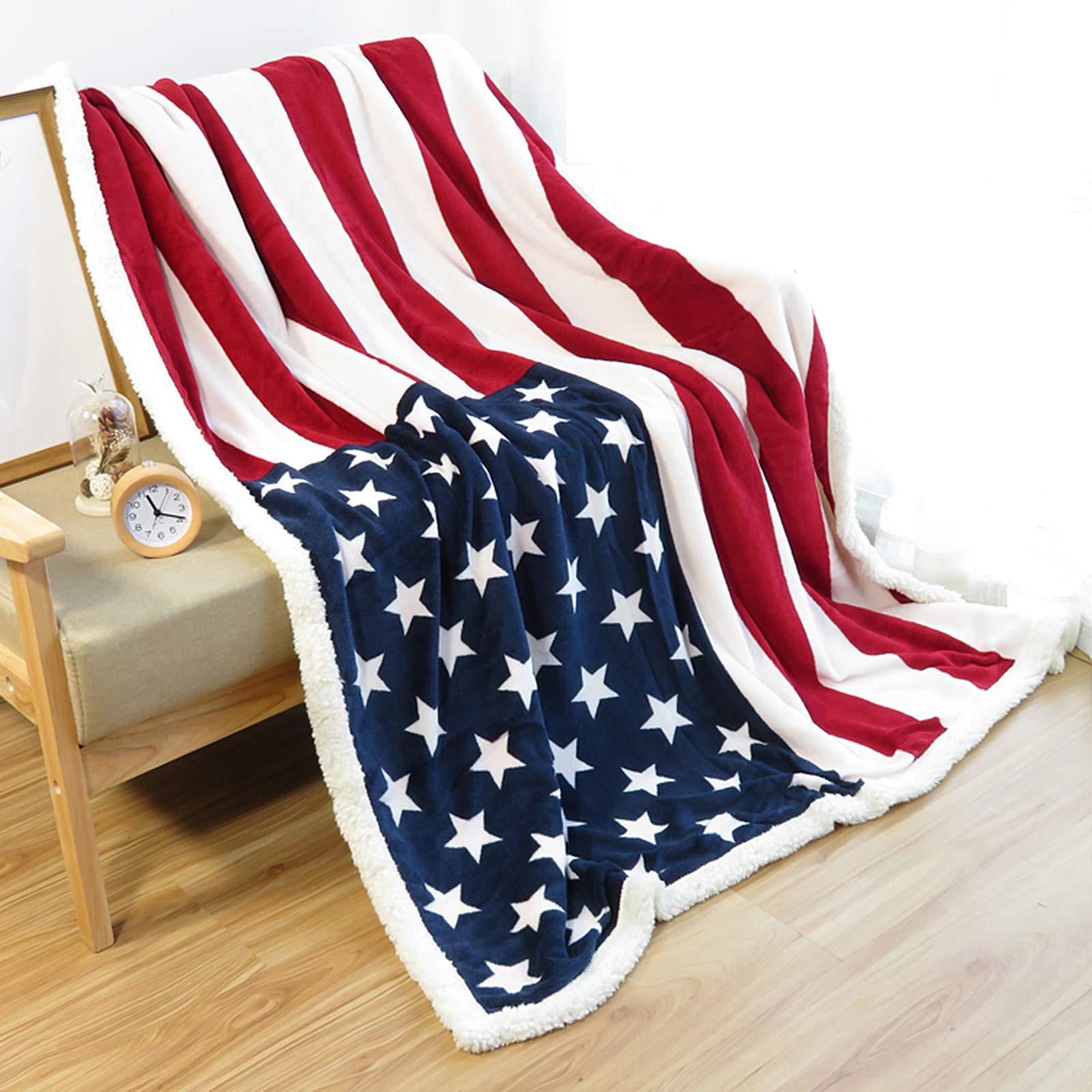 Junips | Flannel-Sherpa Blanket with American Flag