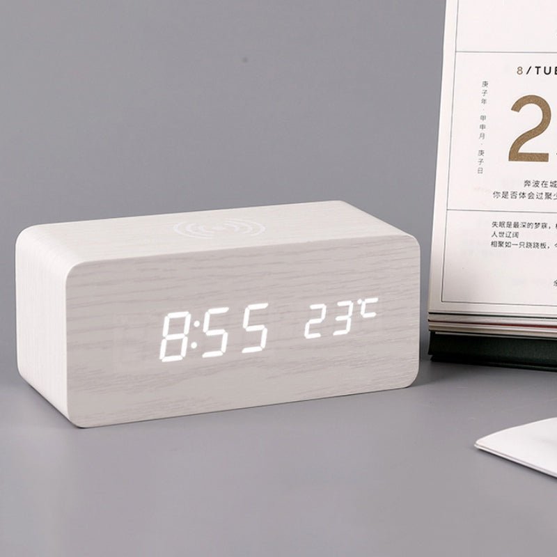 Junips | Wood Electric Alarm Clock with Wireless Charging Pad